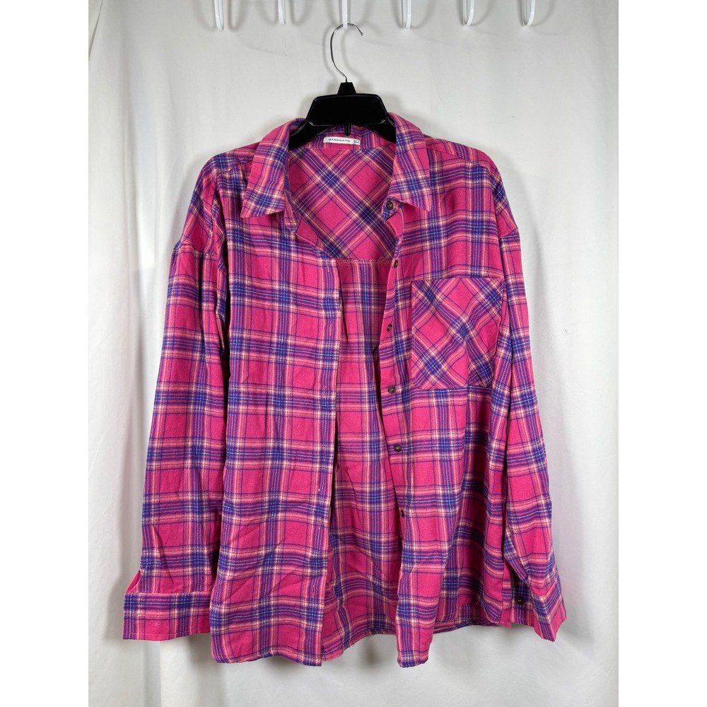 Staccato Pink Plaid Flannel Button Down Shirt Womens Large 18436U Long Sleeve